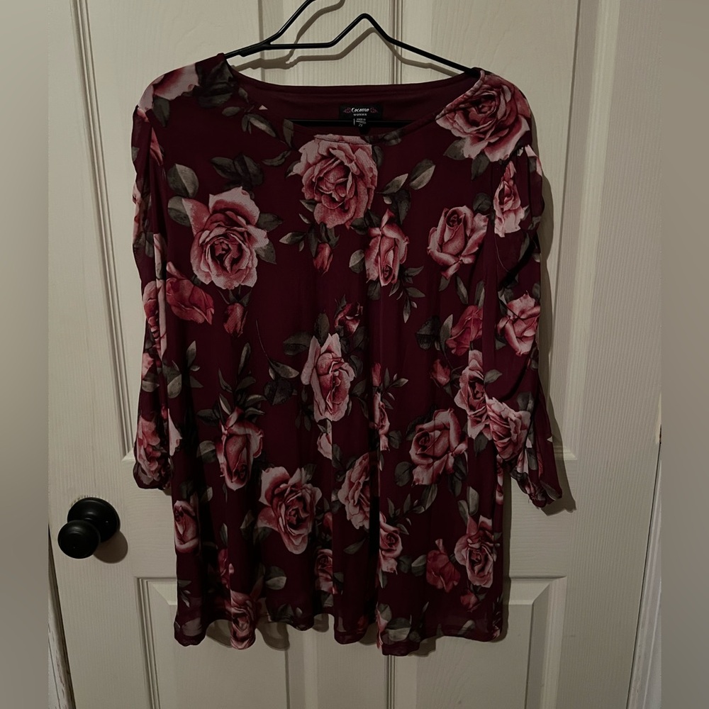 Cocomo Woman Floral Burgundy Top with Pink Roses